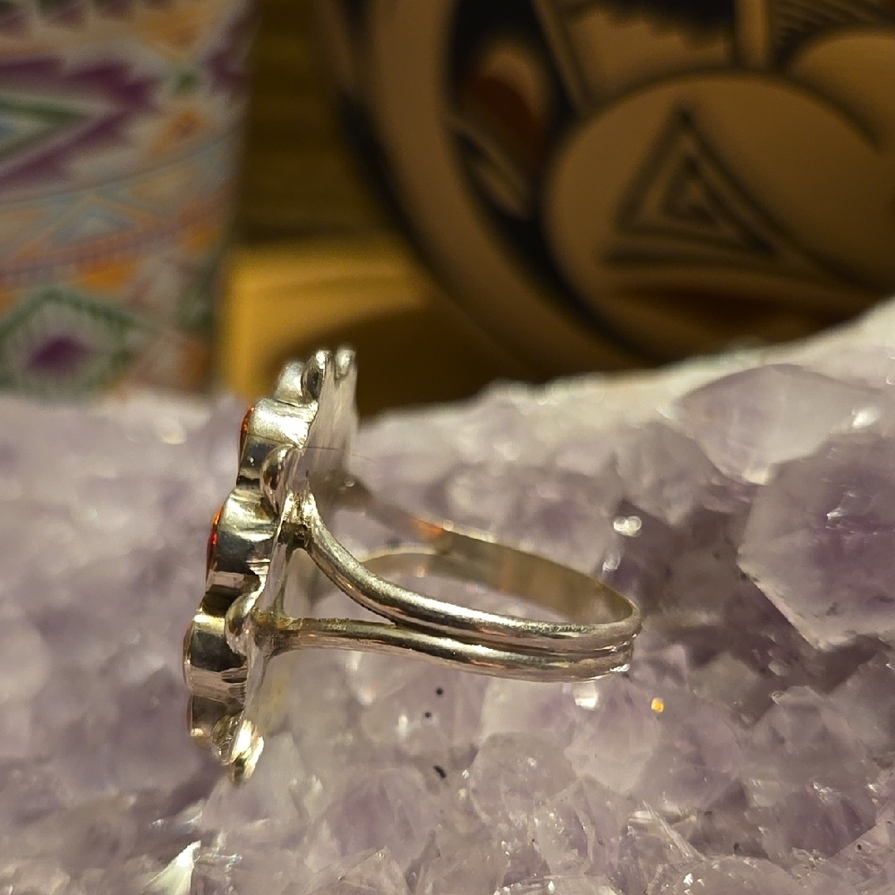 Sterling silver ring with a Sun face design, showcasing vibrant colors inlay. - Picture 2 of 6